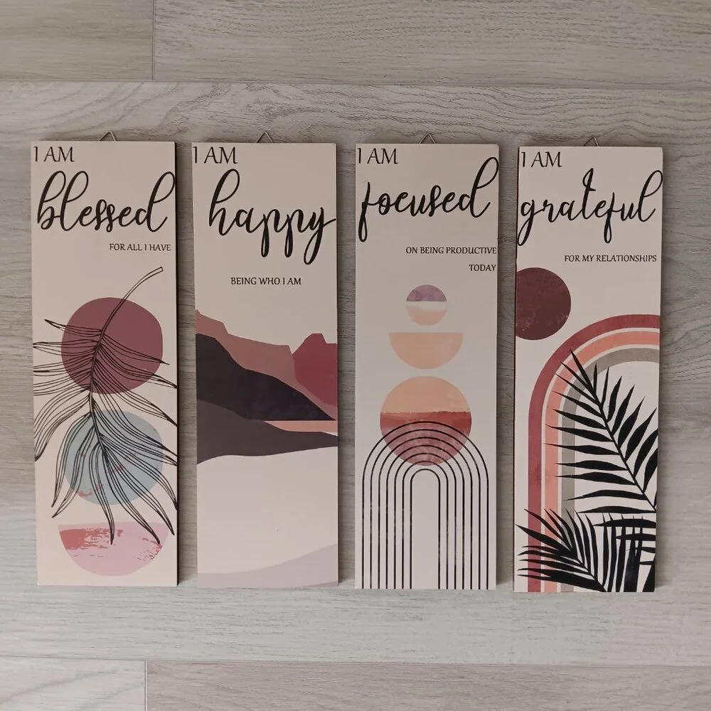 New Inspirational Wall Art Set of 4 Blessed Happy Focused Grateful Wood 11